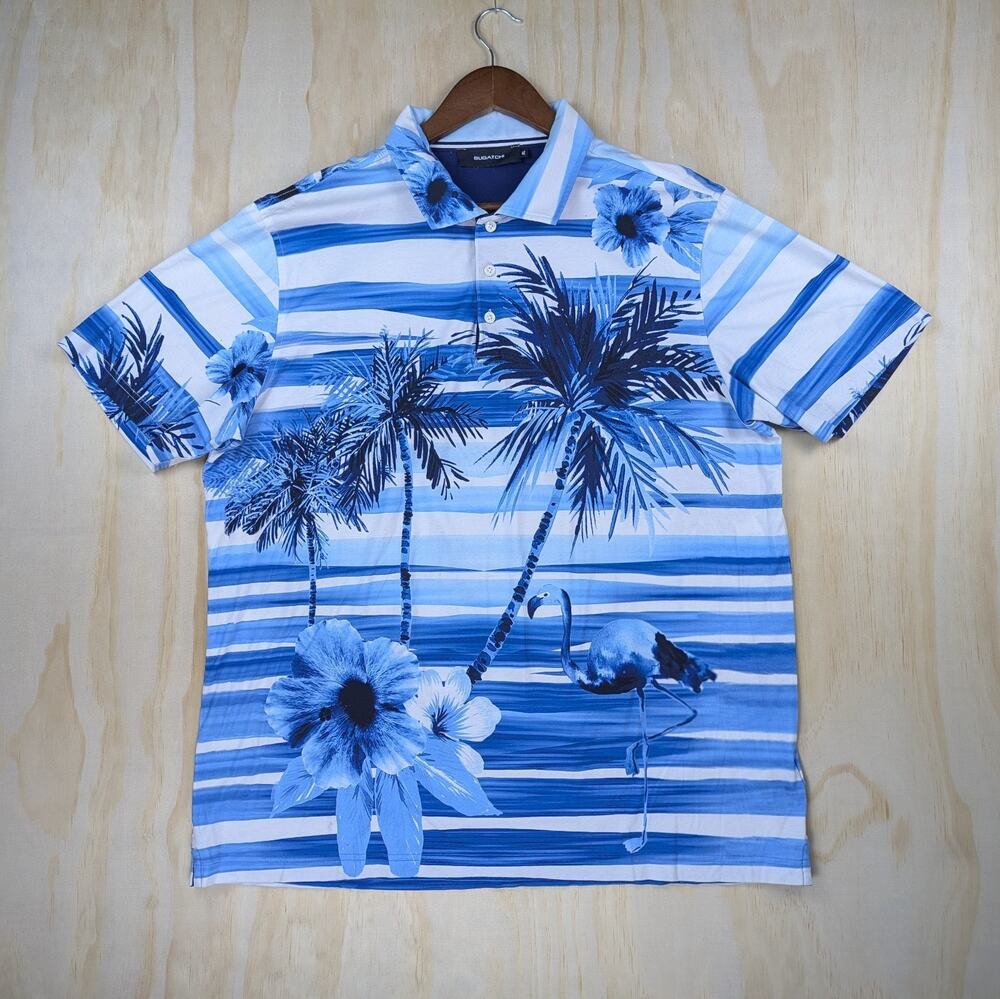 Bugatchi Men's XL Polo Shirt Blue Tropical Palm Flamingo Mercerized Cotton